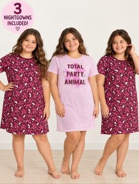 Thereabouts Girls 3 Piece Nightgown Pajama Set L 14.5/16.5 Plus Pink Burgundy